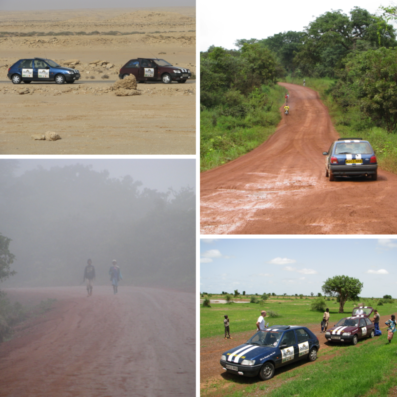 Clockwise: Two Ford Fiestas in an African desert; Blue Ford Fiesta driving along a dirt track and up a hill; Two Ford Fiestas on a dirt track in grassland surrounded by people; Two African people walking on a dirt track in the fog.