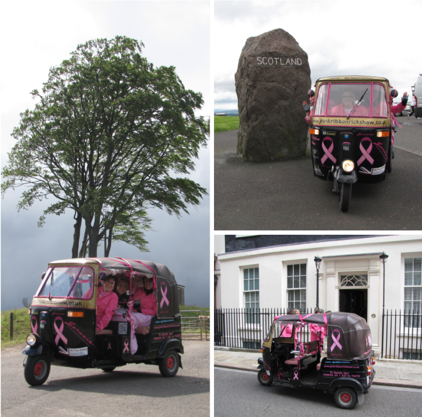 Left: Joanne and friends in a pink rickshaw with Breast Cancer ribbons on. Behind it is a tree. 
Right top: Pink rickshaw in front of a very large stone with Scotland written on it. 
Right bottom: Pink rickshaw outside 11 Downing Street.