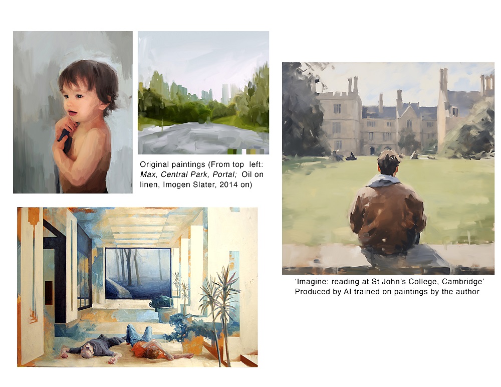 Three original paintings by Imogen. From top left: 'Max', a toddler with borwn hair stands naked cuddling a toy; 'Central Park', a landscape scene with a road/path in the foreground, trees in the midground and a city skyline in the background; 'Portal' two people lie on the floor of a modern room, pot plants align the corridor, there is a screen/window at the end which shows trees. All these paintings are oil on linen. 

To the right of these is an AI generated image in a similar style. It shows a young man with his back to us sitting on a wall. In front of him is grass and then sandstone buildings in the background. It is not unlike St John's. Beneath it Imogen has written, "'Imagine: reading at St John's College, Cambridge'. Produced by AI trained on paintings by the author".
