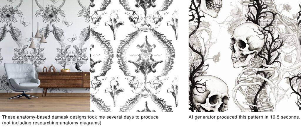Three images of anatomy themed damask designs. 

The first two have the caption, 'These anatomy-based damask designs took me several days to produce (not including researching anatomy diagrams)'. 

The other image says 'AI generator produced this pattern in 16.5 seconds'.

The three images are similar but Imogen's drawings are more subtle and have bones rather than skulls.