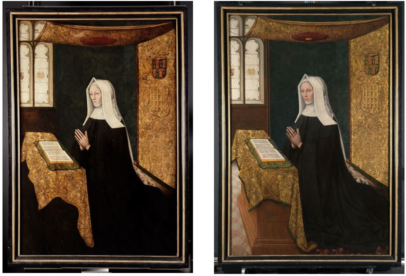 The portrait of Lady Margaret before conservation work began (left), she has a sombre facial expression, and after conservation (right), her demeanour has been transformed. 