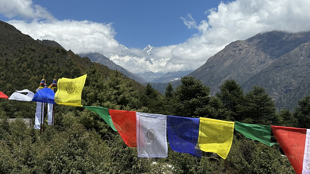 Coloured flags (red, blue, yellow, green and white) hang in front of a valley of trees. Mountainous peaks and clouds are in the background.